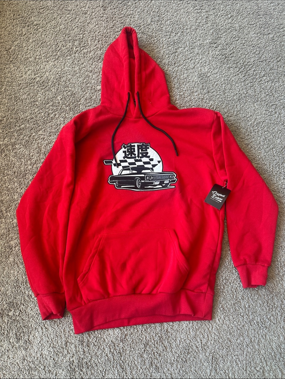 Original Deluxe Red Pullover Hoodie with Car Graphic